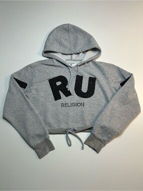True Religion Grey Cropped Hoodie Glitter Spellout Logo Drawstring